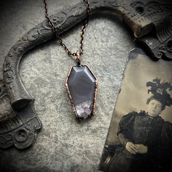 Agate and Amethyst Coffin Copper Necklace