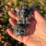 Double Sided Carved Stone Daisy Skull Statue