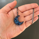 Blue Titanium Agate Moon Necklace with Gunmetal Patina