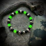 Uranium Glass, and Black Onyx Skull Bracelet with Silver Plated Bead
