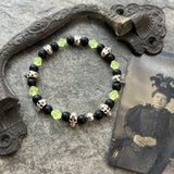 Uranium Glass, and Black Onyx Skull Bracelet with Silver Plated Bead