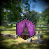 Large Hexagon Burial Plot Necklace with Purple Background  and Gunmetal Patina *Mockingbird Lane Exclusive*