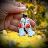 Hand Painted Ghost Holding a Jack O’Lantern Blow Mold Earrings with Sterling Silver and Black Onyx