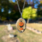 Cat and Jack O’ Lantern Small Oval Blow Mold Necklace A *Mockingbird Lane Exclusive*