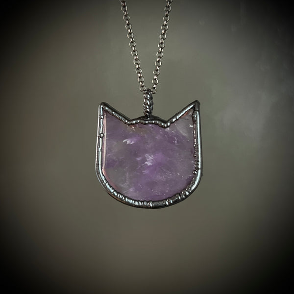 Amethyst Cat Head Necklace with Gunmetal Patina