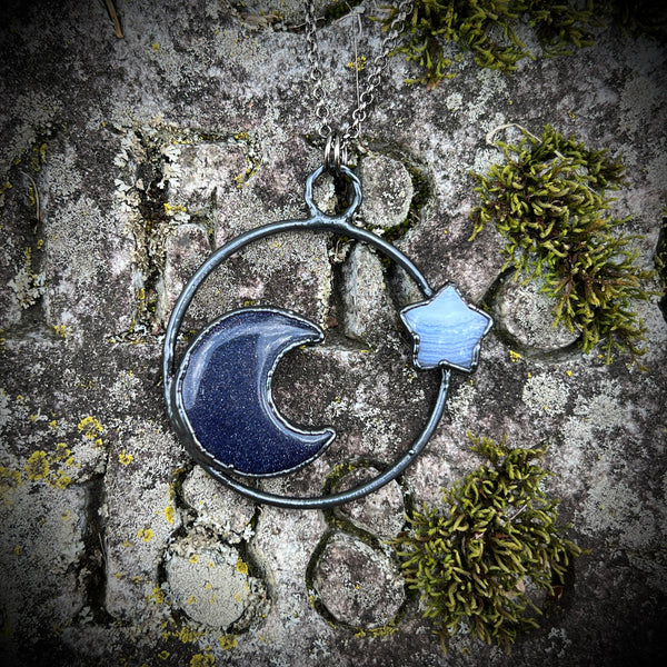 Blue Goldstone Moon and Blue Lace Agate Star Copper Necklace
