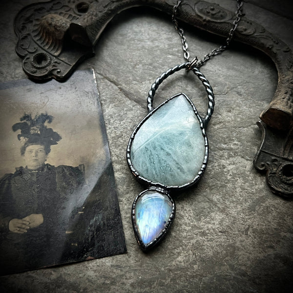 Aquamarine and Rainbow Moonstone Necklace with Gunmetal Patina