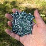 Green Our Darling Shield Coffin Plaque Hand Painted 3 Inch Magnet