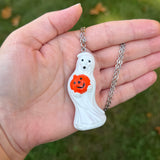***DISCOUNTED*** Hand Painted Ghost Holding a Jack O’Lantern Blow Mold Necklace *Varnish Coated*