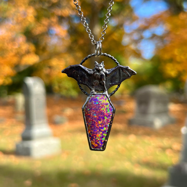 Aurora Opal Coffin and Bat Necklace