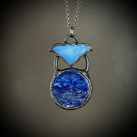 Lapis and Blue Billiard Ball Bat Necklace with Gunmetal Patina