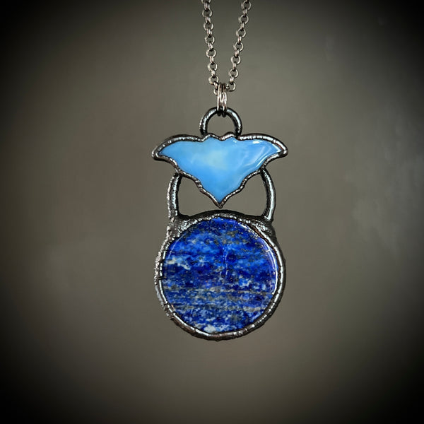 Lapis and Blue Billiard Ball Bat Necklace with Gunmetal Patina