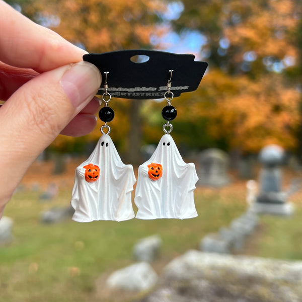 Hand Painted Boyd Ghost Holding a Jack O’Lantern Blow Mold Earrings with Sterling Silver and Black Onyx