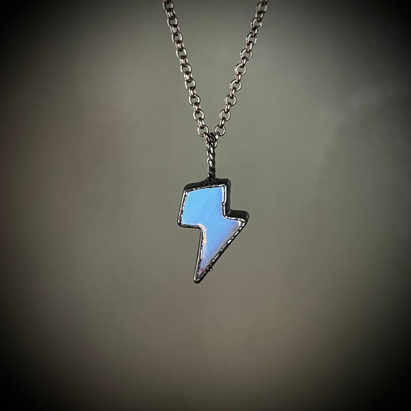 Tiny Opalite Lightning Bolt Necklace with Gunmetal Patina