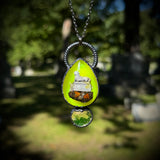 Teardrop Burial Plot Necklace with Yellow Background, Uranium Glass, and Gunmetal Patina *Mockingbird Lane Exclusive*