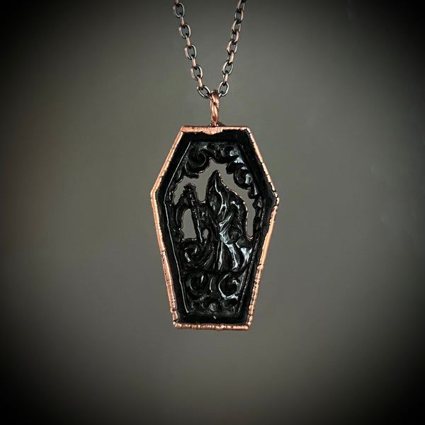 Carved Horn Coffin Necklace with Grim Reaper