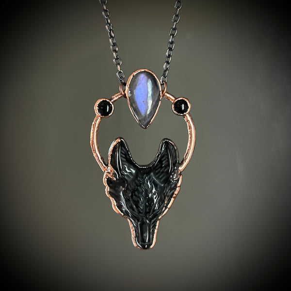 Black Obsidian Wolf Necklace with Purple Labradorite and Black Onyx