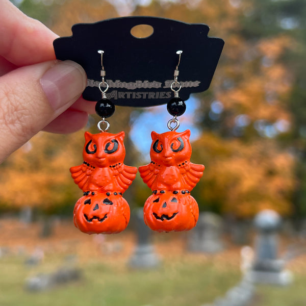 Hand Painted Owl Sitting on a Jack O’Lantern Blow Mold Earrings with Sterling Silver and Black Onyx