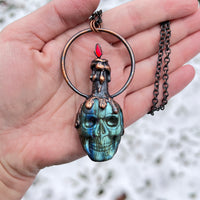 Labradorite Skull with Drippy Candle Copper Necklace