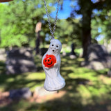 Hand Painted Ghost Holding a Jack O’Lantern Blow Mold Necklace *Resin Dipped*
