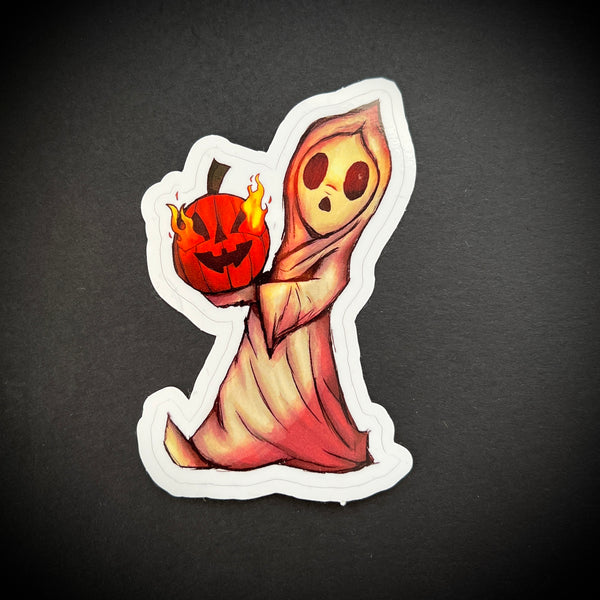 Ghost Holding a Firey Jack O’ Lantern Sticker
