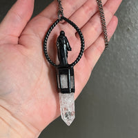 Jesus on Crackle Quartz and Garnet and Black Onyx Necklace with Gunmetal Patina