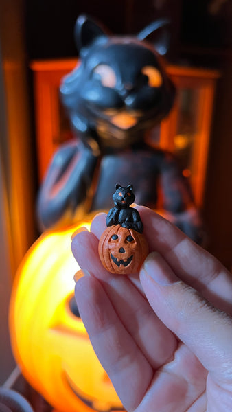 ***PRE-ORDER***Hand Painted Cat on a Jack O’Lantern Blow Mold Earrings with Sterling Silver and Black Onyx