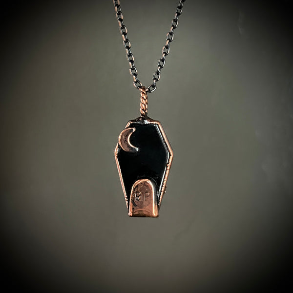 Black Onyx Coffin Necklace with Gravestone and Moon