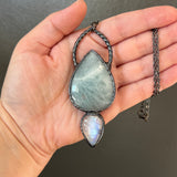 Aquamarine and Rainbow Moonstone Necklace with Gunmetal Patina