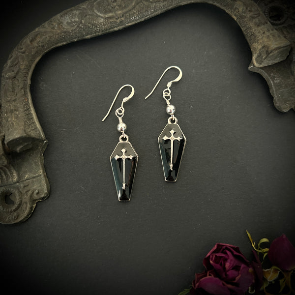 Black Enameled Coffin Earrings with Sterling Silver