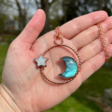 Labradorite Moon and Rainbow Moonstone Star Copper Necklace