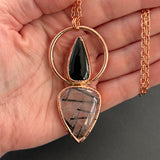 Tourmalinated Quartz and Black Obsidian Shiny Copper Necklace