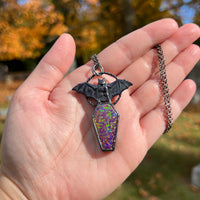 Aurora Opal Coffin and Bat Necklace