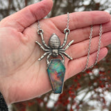 Aurora Opal Coffin with Spider Fine Silver Necklace - Glows in the Dark