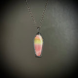 Small Uranium Glass Coffin Necklace with Gunmetal Patina