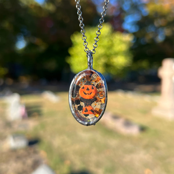 Cat and Jack O’ Lantern Small Oval Blow Mold Necklace B *Mockingbird Lane Exclusive*