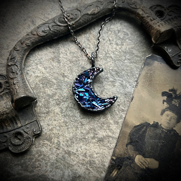 Blue Titanium Agate Moon Necklace with Gunmetal Patina