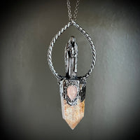 Cloaked Woman with Garden Quartz, and Peach Moonstone Necklace with Gunmetal Patina