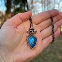 Blue Labradorite with Skull and Crossbones Copper Necklace