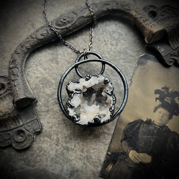 Sparkly Quartz Geode Necklace with Gunmetal Patina