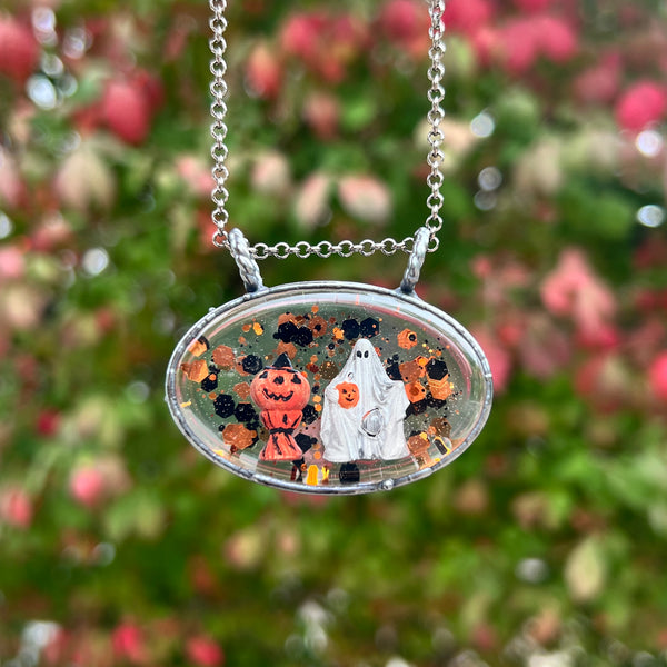 *SECONDS* Ghost and Haystack Oval Blow Mold Necklace *Mockingbird Lane Exclusive*