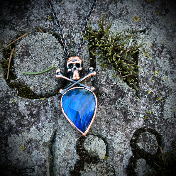 Blue Labradorite with Skull and Crossbones Copper Necklace