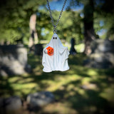 Hand Painted Byron Ghost Holding a Jack O’Lantern Blow Mold Necklace *Resin Dipped*