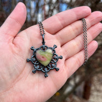 Tiny Uranium Glass Heart Necklace with Gunmetal Patina