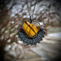 Tigers Eye and Garnet Heart Necklace with Gunmetal Patina