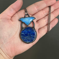 Lapis and Blue Billiard Ball Bat Necklace with Gunmetal Patina