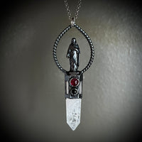 Jesus on Crackle Quartz and Garnet and Black Onyx Necklace with Gunmetal Patina