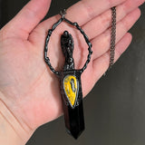 Scribe Angel on Black Obsidian and Bumblebee Jasper Necklace with Gunmetal Patina