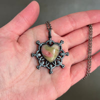 Tiny Uranium Glass Heart Necklace with Gunmetal Patina