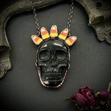 Candy Corn Crowned Obsidian Skull Necklace